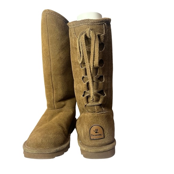 BEARPAW Tan Boots Mid Calf Boots Hickory Leather size 8 Women Boots Tied Back - Picture 5 of 6